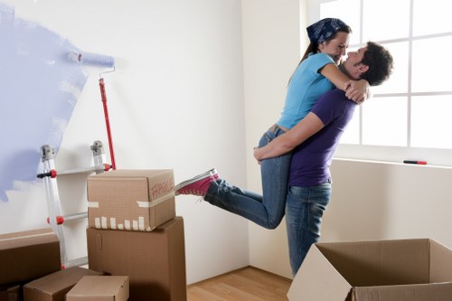 Packed boxes and furniture for temporary storage in Gideapark